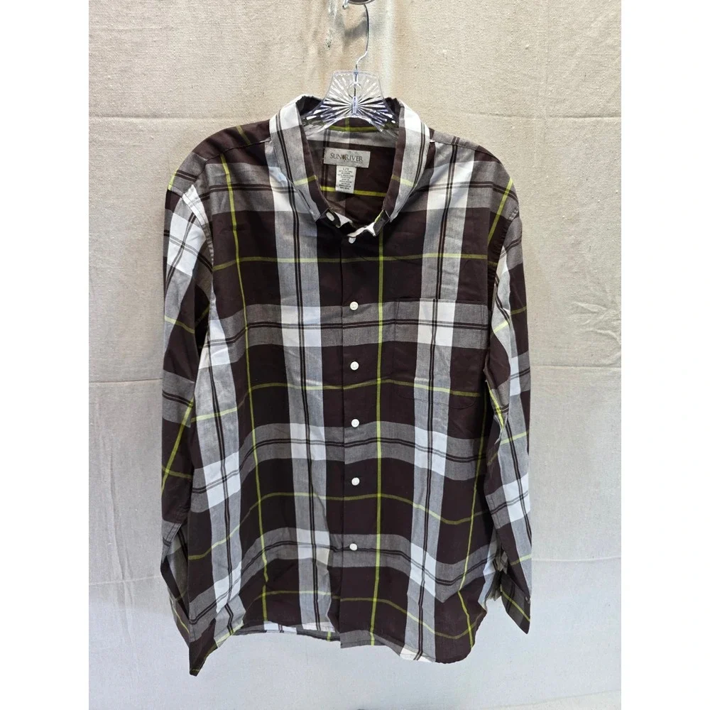 Sun River Clothing Co Mens Large Brown Lime Green Plaid Button Down Shirt L/S‎